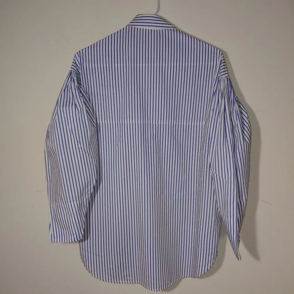 Zara Denim 3/4 Balloon Sleeves Blue White Stripes Embroidered Blouse Size XS
